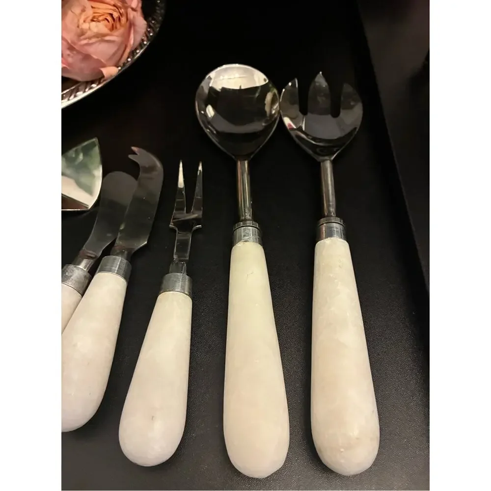 Vintage Alabaster Cheese Knife & Salad Serving Set | Quiet Luxury Grandmillenial